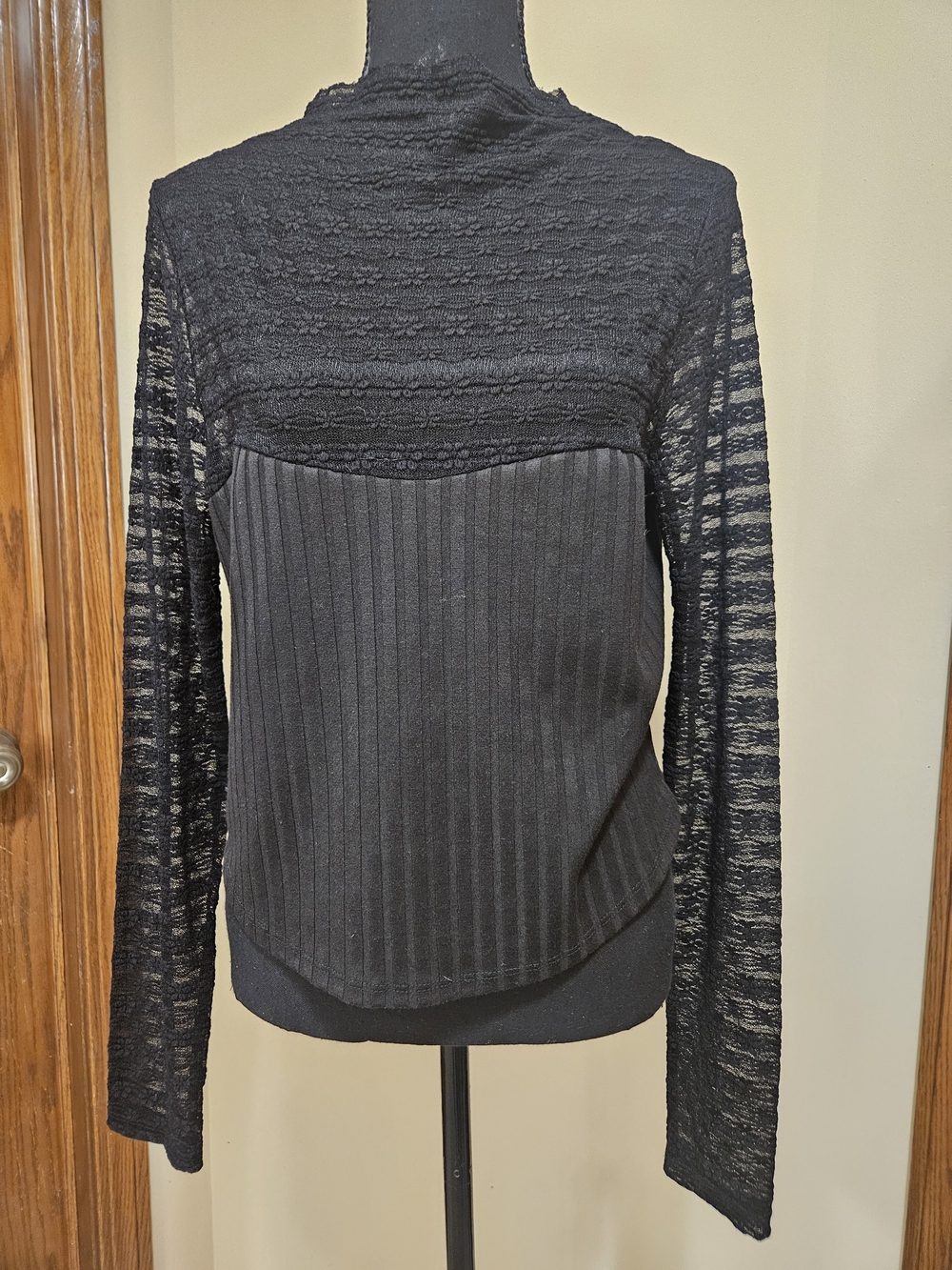 Altar'd State Black Lace Yoke Ribbed Long-Sleeve Tee